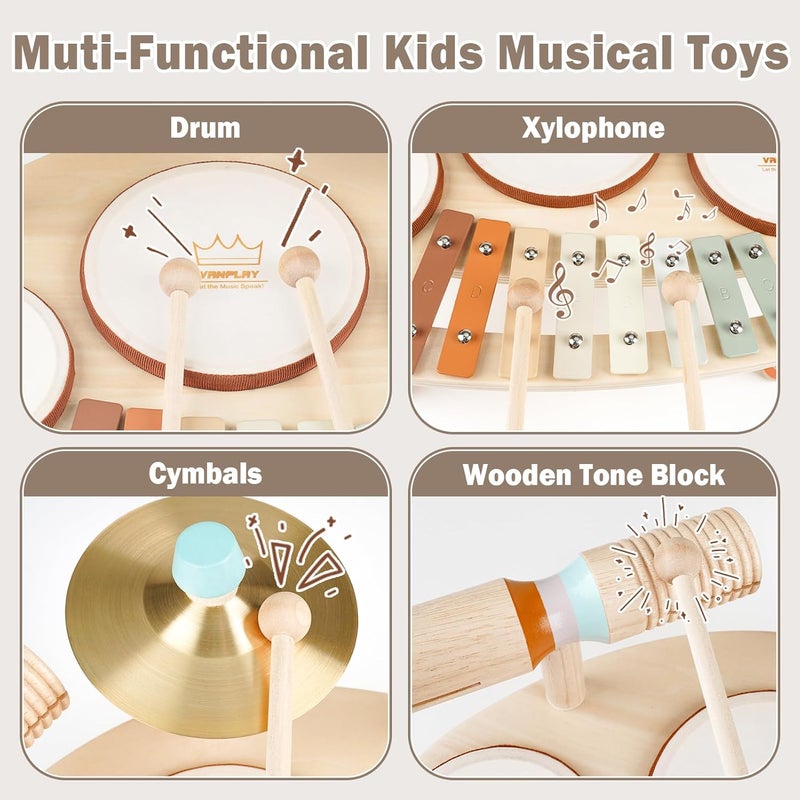 Vanplay Drum Set for Toddler - Toys for 2 3 4 Year Old Girls Boy Gifts - 9 in 1 Wooden Montessori Musical Instruments with Xylophone for Kids 3-5, Christmas Birthday Gifts for Toddlers 2-4 - Image 2